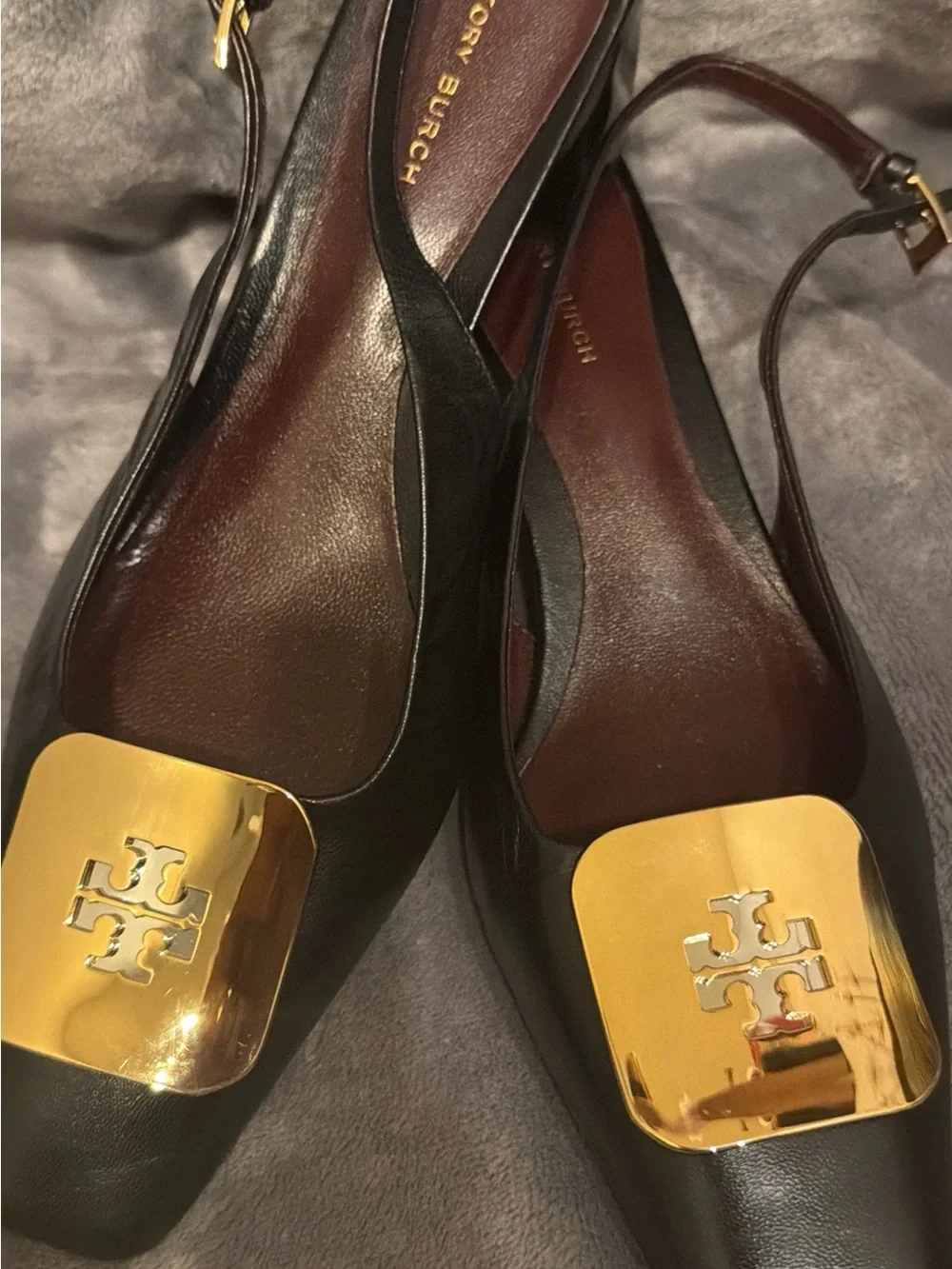 Tory Burch Black Leather Slingback Mules with Gold Plaques